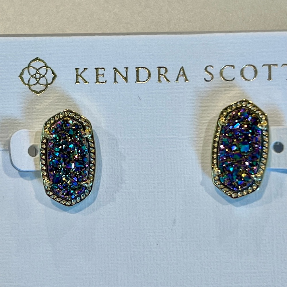 NWT Kendra Scott RARE & Retired Ellie Earrings Multi Colored Drusy Yellow Gold! - Picture 3 of 17